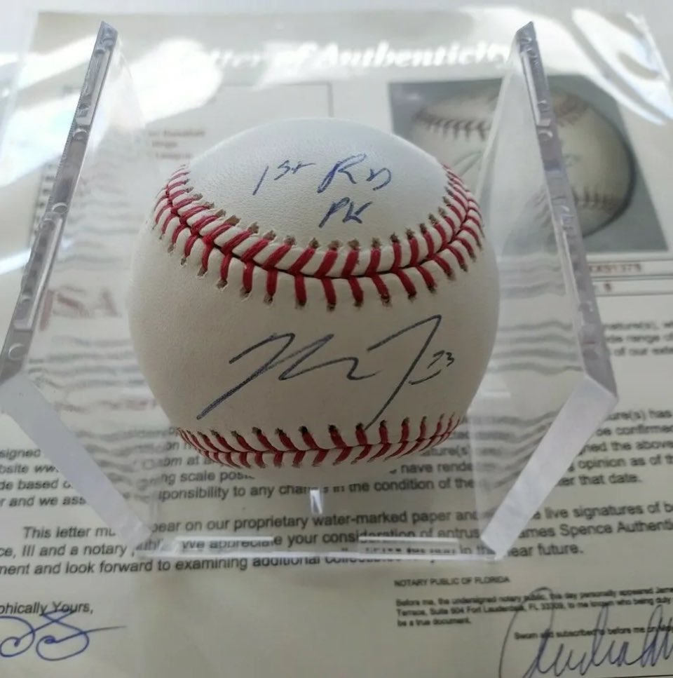 kjbneff's tweet image. Mike Trout Draft Pre Rookie Signed Baseball Inscribed 1st RD Pk JSA LOA Angels #miketrout #LosAngelesAngels #signedbaseball #MLB