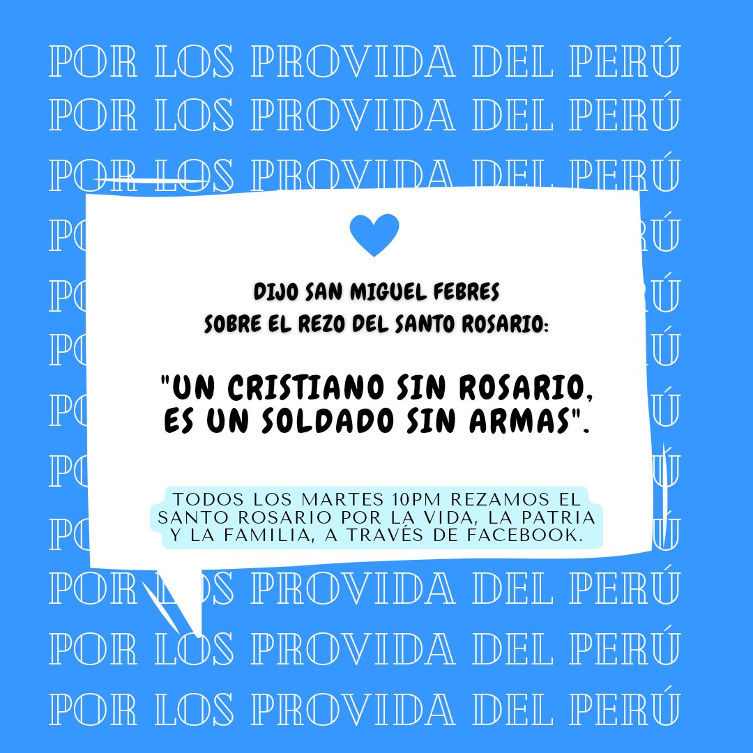 LOS MARTES A las 10:00 P.M. (horario de Perú 🇵🇪) el #SantoRosarioEnVivo a través de Facebook! 💙🕯¡Los esperamos!

#PPP #PorLosProvidaDelPerú #RosarioProvida #RezaPorElFinDelAborto #PasaLaVoz #EnDefensaDeLaVida #EnDefensaDeLaFamilia #OrgulloCatólico #RezodelSantoRosario