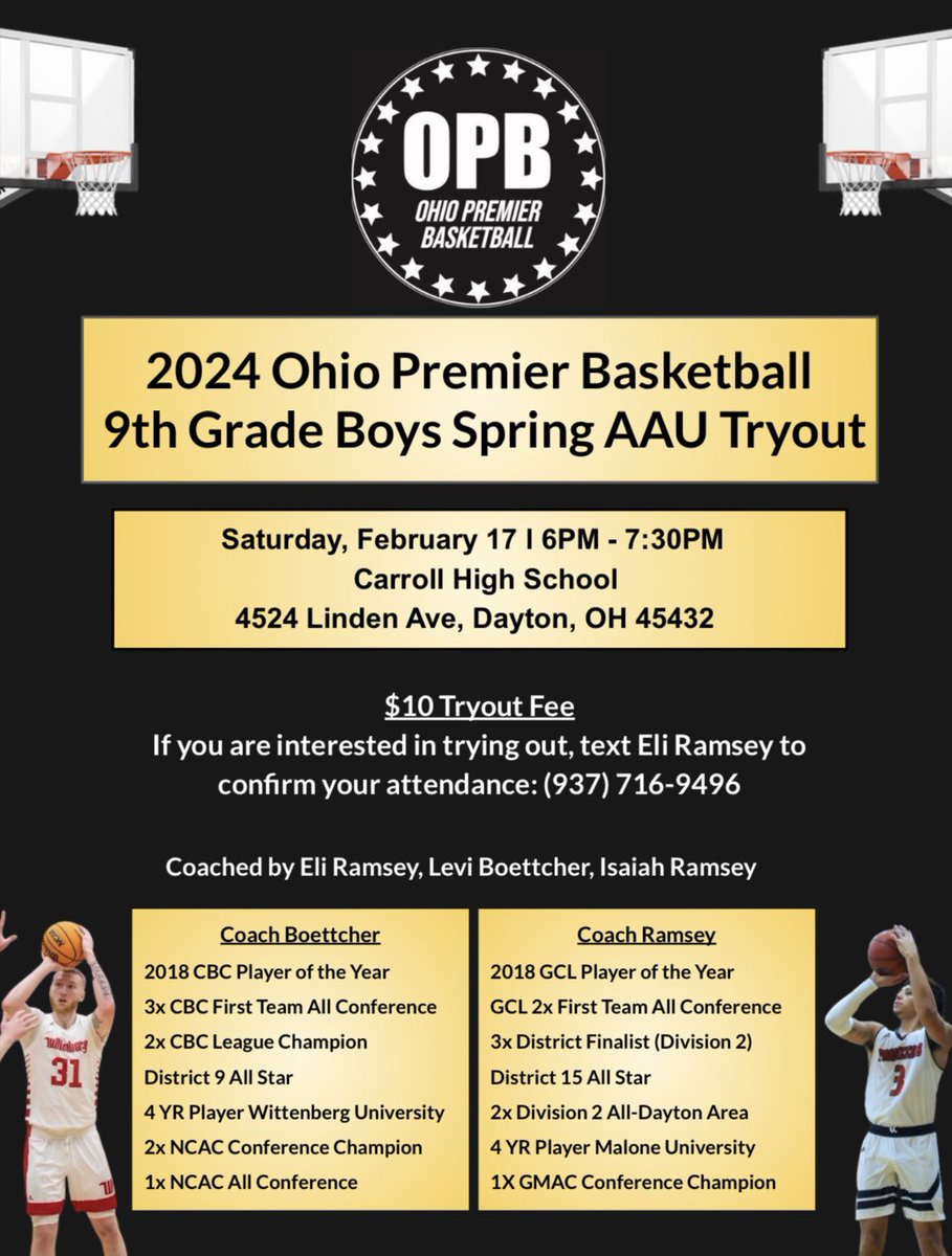 Tryouts for Ohio Premium Basketball will be held for Incoming 9th graders this weekend at Carroll High School. If you have a player or know of any that would be interested, please spread the word. Reach out to me if you have any questions. My number is attached to the flier.