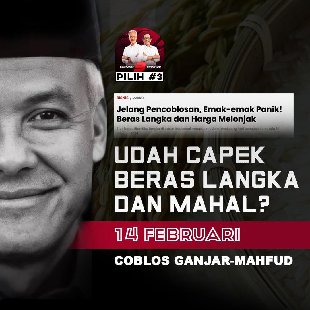 Harga beras 3 hari ini bikin emak2 panik, melejit langka pula. Butuh pemimpin yg mampu bikin harga beras , kebutuhan lainnya stabil, terjangkau. Berarti nyoblos  Ganjar - Mahfud saja,  jelas punya solusi harga2 tetap murah dan tersedia. 
#GanjarPresidenRakyat 
#GanjarMahfud2024