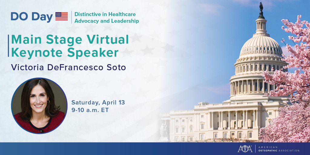 AOA (@aoafordos) on Twitter photo Mainstage Speaker for #DODay24 announced! Join us Saturday, April 13, 2024, at 9 a.m. ET to hear Victoria DeFrancesco Soto, PhD, academic leader. Learn more about Dr. Soto: bit.ly/3UDyT0B
<a href="/DrVMDS/">Victoria DeFrancesco</a>
#OsteopathicMedicine Mainstage Speaker for #DODay24 announced! Join us Saturday, April 13, 2024, at 9 a.m. ET to hear Victoria DeFrancesco Soto, PhD, academic leader. Learn more about Dr. Soto: bit.ly/3UDyT0B
<a href="/DrVMDS/">Victoria DeFrancesco</a>
#OsteopathicMedicine