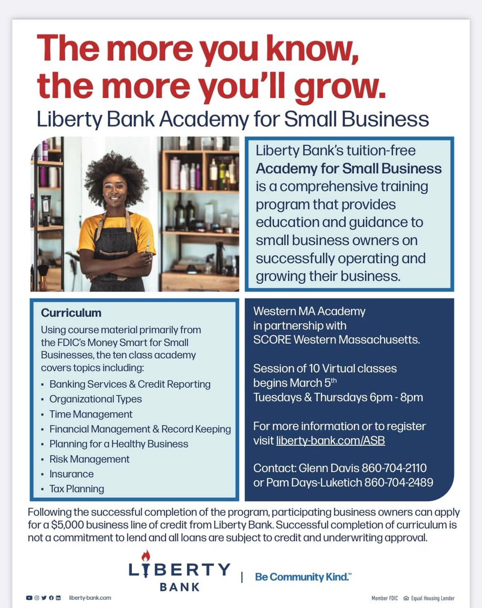 DawnCreighton's tweet image. Western Ma Entrepreneurs @LibertyBank_CT welcomes you to join our tuition-free business training beginning March 5th.  Let us be part of your success story!