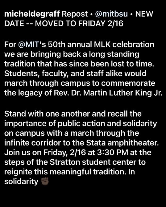 MichelDeGraff's tweet photo. Repost • @mitbsu • NEW DATE MOVED TO FRIDAY 2/16. For @MIT's 50th MLK celebration we're bringing back a long standing tradition. Students, faculty & staff will march through campus to commemorate MLK. Friday 2/16 3:30PM @ Stratton Student Center
#MITMLK #MITMLKCELEBRATION https://t.co/BdDk5vwpXe