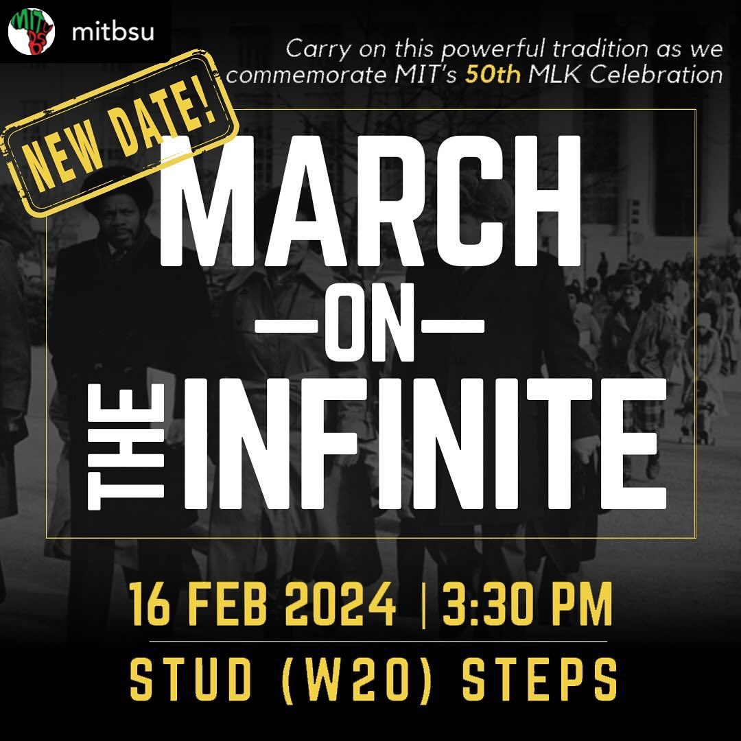 MichelDeGraff's tweet photo. Repost • @mitbsu • NEW DATE MOVED TO FRIDAY 2/16. For @MIT's 50th MLK celebration we're bringing back a long standing tradition. Students, faculty & staff will march through campus to commemorate MLK. Friday 2/16 3:30PM @ Stratton Student Center
#MITMLK #MITMLKCELEBRATION https://t.co/BdDk5vwpXe