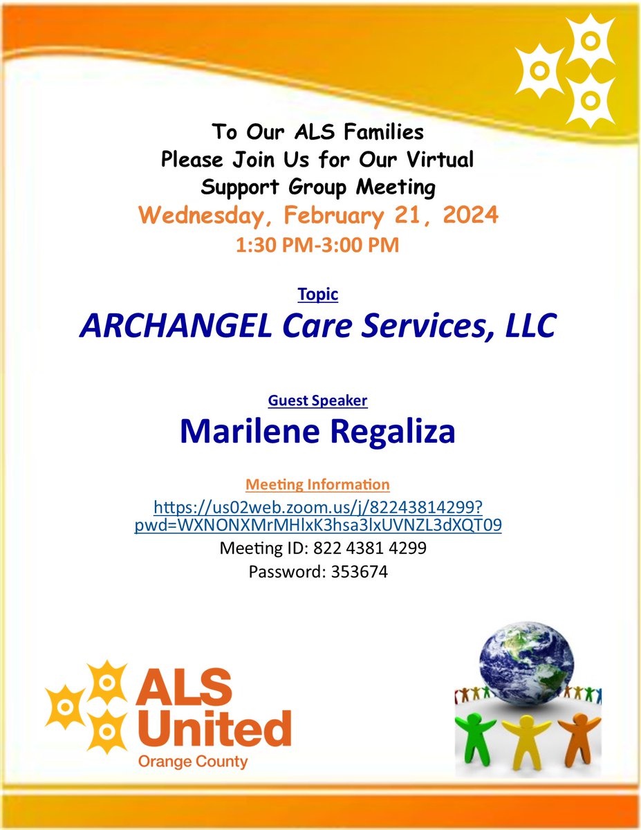 Join us for our Virtual Support Group meeting on Wednesday, February 21, 2024 at 1:30pm. We will have Marilene Regaliza as our guest speaker from ARCHANGEL Care Services LLC. See flyer for details. Hope to see you there!