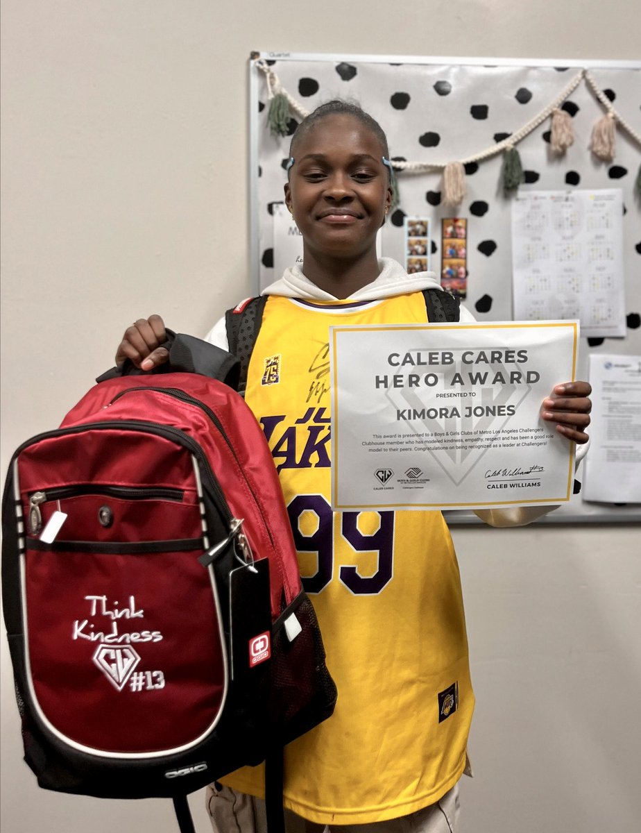 Congratulations to Kimora, our January Caleb Cares Hero Award winner from @BGCMLA! Awesome job!