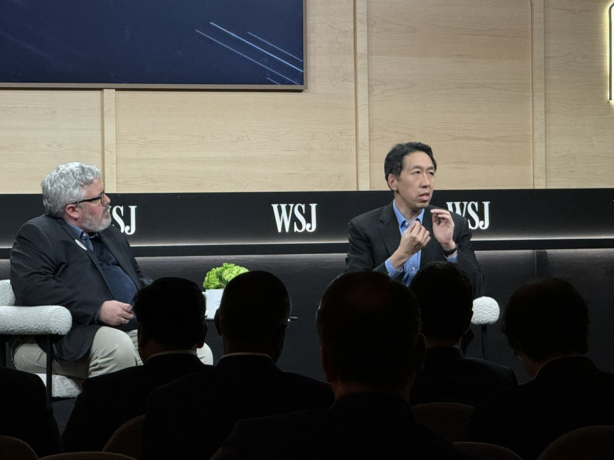 Next up… @AndrewYNg talking about where AI is having the greatest impact today and how jobs and learning are impacted. 

Key areas: Customer experience and contact centers.

#CIO #CX #CCaaS #AI #GenAI #WSJCIO