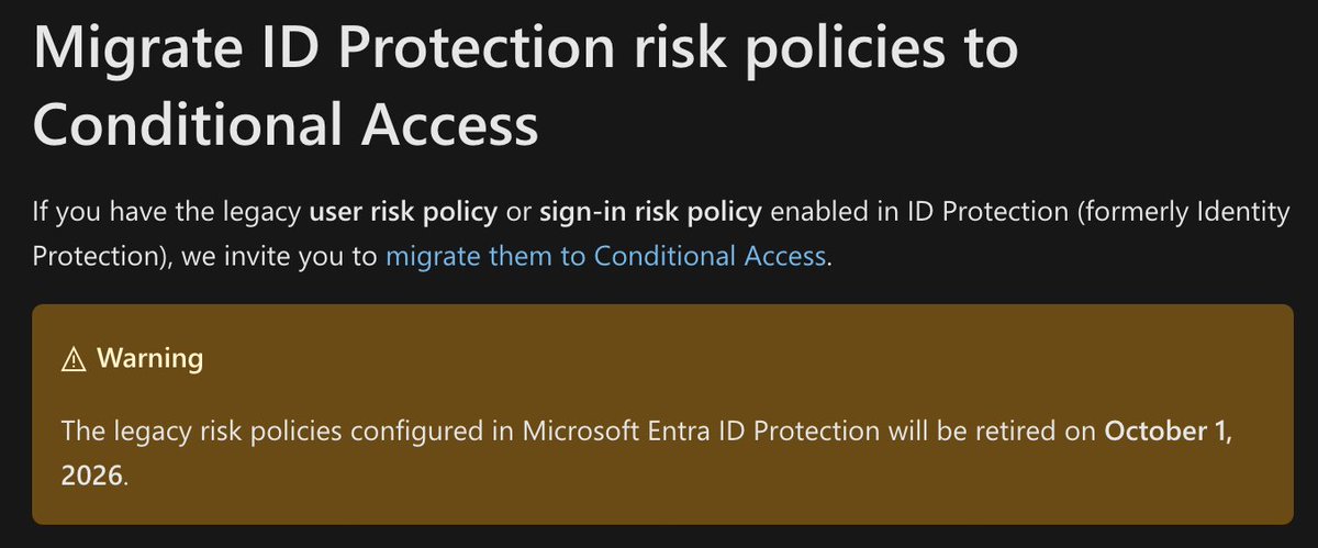It's official! Policies configured under Identity Protection are now considered legacy and will be retired October 1, 2026 🥳

If you haven't, you really should disable these and use Conditional Access. It's far more flexible and allows multiple policies.
learn.microsoft.com/en-us/entra/id…