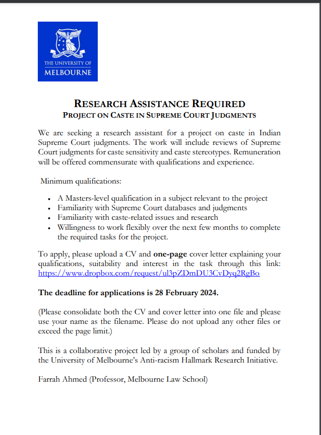 Seeking a research assistant for a project on caste in Indian Supreme Court judgments. To apply, please upload a CV and one-page cover letter explaining your qualifications, suitability and interest in the task through this link: dropbox.com/request/ul3pZD…