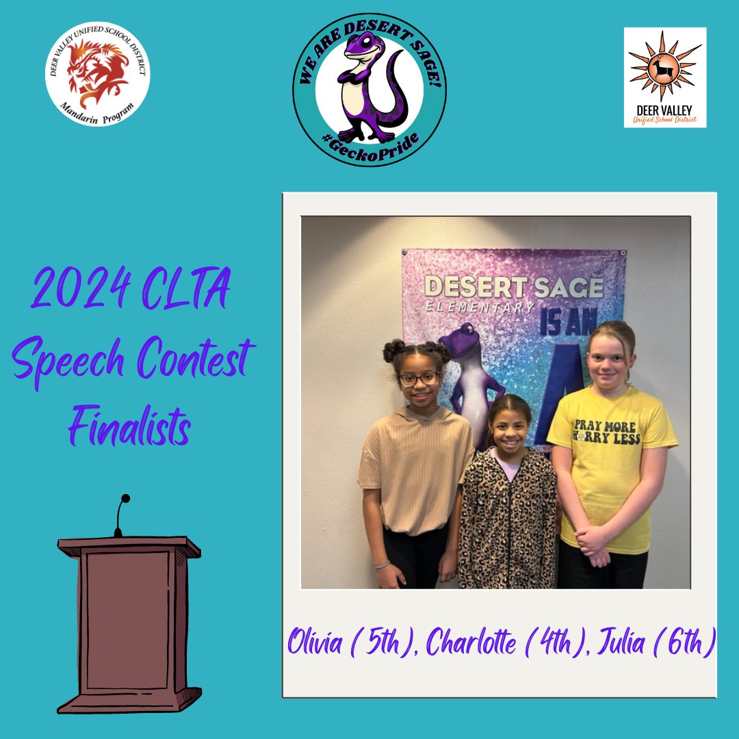 DVUSDMandarin's tweet photo. @DesertSageElem students in the Mandarin immersion program, Julia (6th), Olivia (5th), and Charlotte (4th) will advance to the finals in the CLTA 2nd Annual Speech Contest.  They will compete at ASU on February 24th!  恭喜Congratulations Geckos!  
 @DVUSD @DrFinchDVUSD https://t.co/qLfsqZUx93