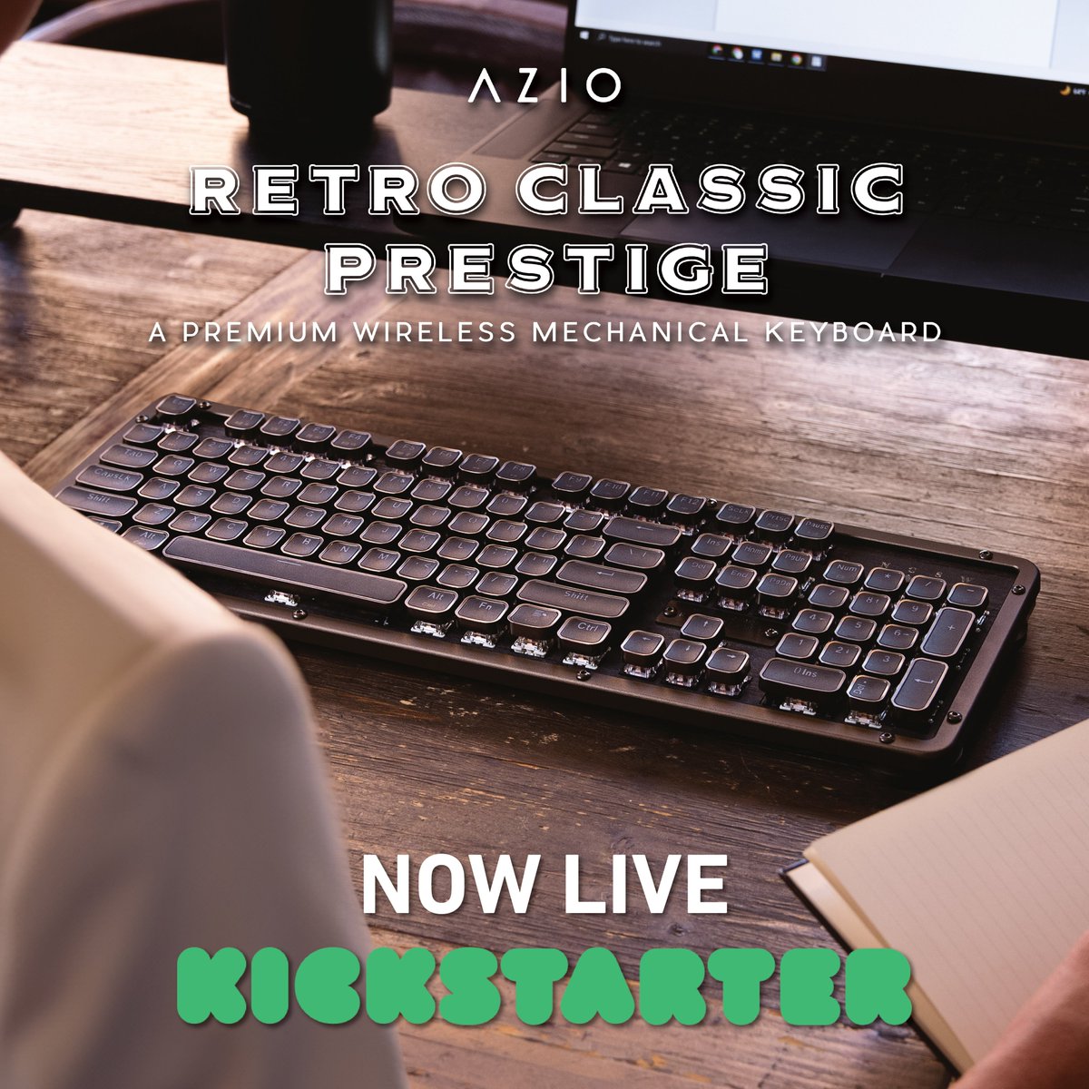 Our RC Prestige keyboard is NOW LIVE! Check us out at the link below! bit.ly/45sBsUW #azio #keyboard #mechanicalkeyboard #retro #classic #vintage #typewriter #steampunk #campaign #crowdfunding #desksetup #lifestyle #premium #design #tech #writing #writer #writers #book