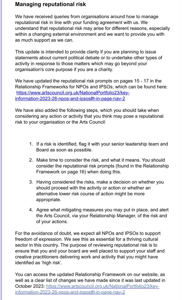 I’m not sure the coverage of the arts council reputational risk briefing has been very clear. Here is the briefing. I think most artists working in the political world are doing this already no?