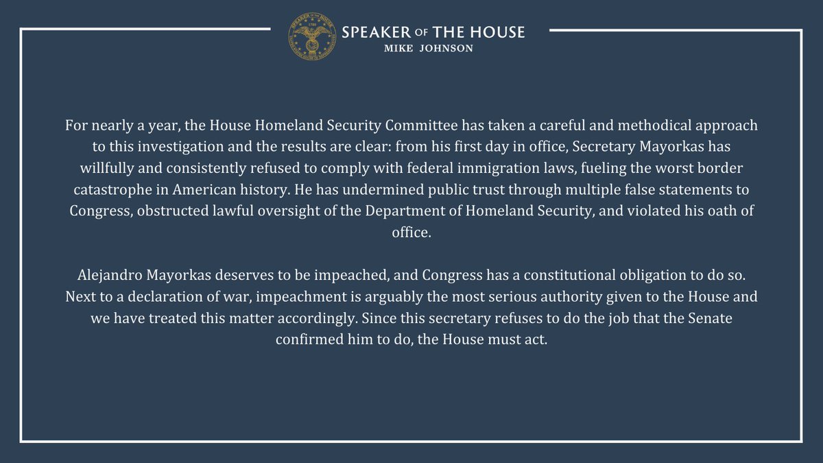 My statement on the House voting to impeach Secretary Mayorkas: