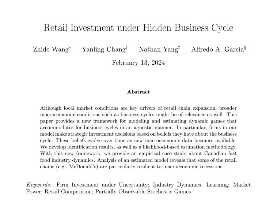 New paper drafted about retail investment decisions under uncertainty. In the past, I had largely thought of uncertainty as being market-specific (is this neighborhood good or not for a restaurant?)…
