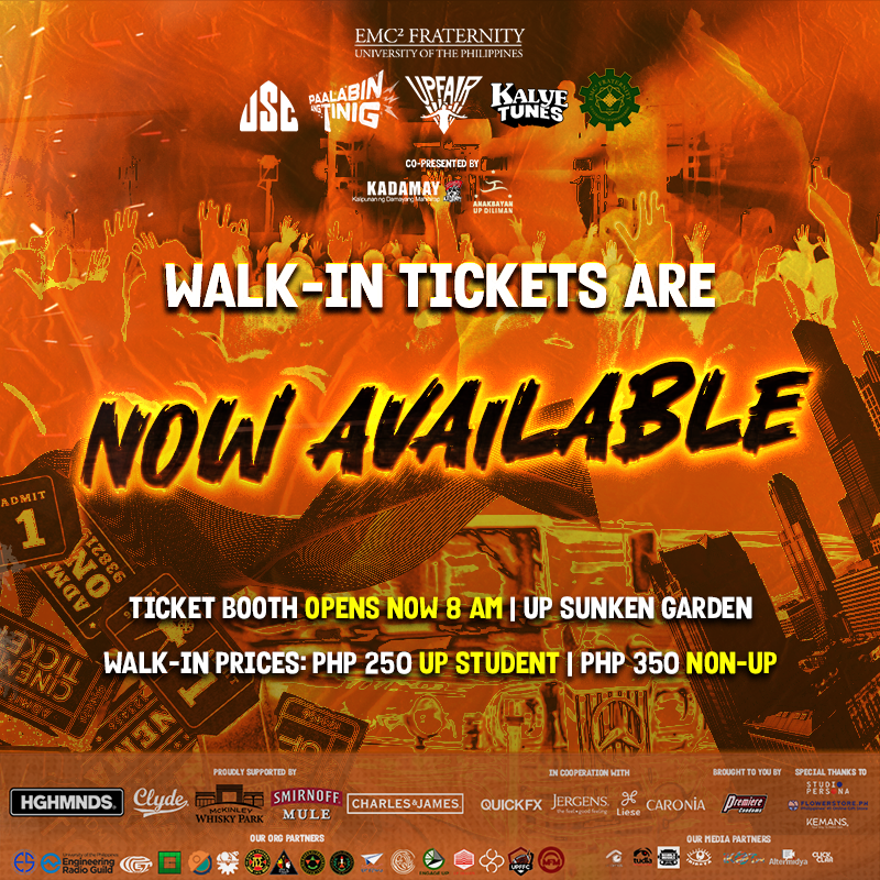 kalyetunes's tweet photo. NAKAKUHA KA NA BA NG TICKET? WAG MAG-ALALA MERON PA KAMI DITO
WALK-IN TICKETS ARE NOW AVAILABLE. THE TICKET BOOTH IS NOW OPEN AT UP SUNKEN GARDEN.
Max 2 tickets per transaction tayo ah
KITA-KITS!
Ticket Price:
UP Student - PHP 250
Non UP - PHP 350 https://t.co/EkZGvYoW21