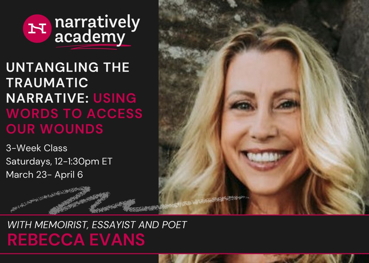 Super-honored to be a part of the Narratively Academy, teaching "Untangling the Traumatic Narrative: Using Words to Access Our Wounds." 

This is a three-part series that combines craft, empowerment, and self-care. Writers of all levels welcome.

I hope you'll join me.