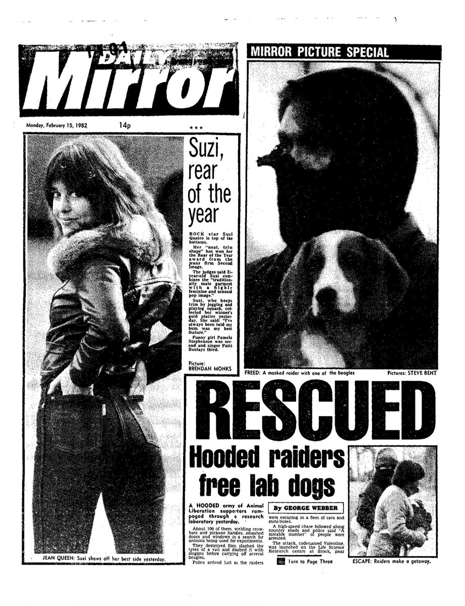 On this day in 1982 one of the most famous raids in ALF history took place at Life Science Research. Over 100 activists way into the laboratory in broad daylight, rescuing 9 beagles and 500 rats and mice. 
network23.org/redblackgreen/…

#AnimalLiberationFront 
#ValentinesDay