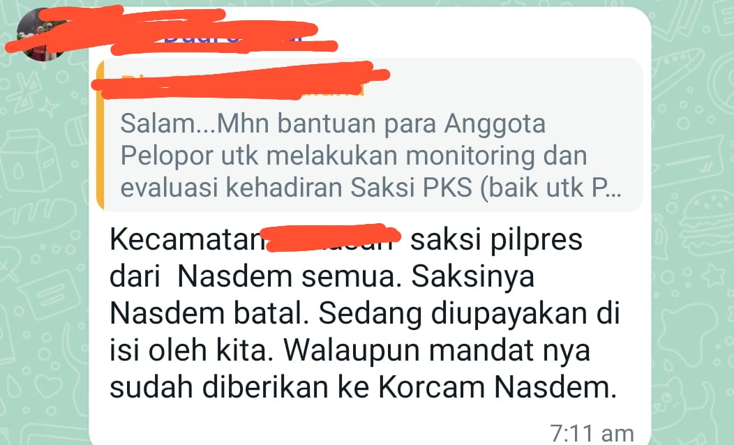 Udh dibilang, saksi biar PKS aja. Yang laen ga bakal sanggup. Satu kecamatan saksi Nasdem mundur semua !