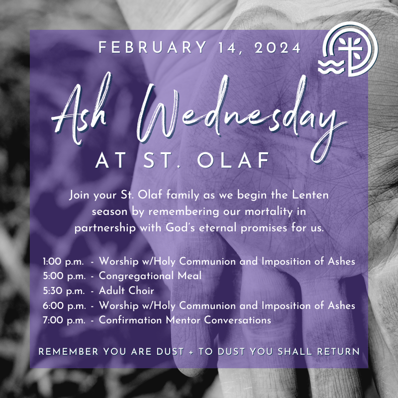 StOlafLutheran's tweet photo. Ash Wednesday is this Wednesday, February 14th! With two Ash Wednesday worship opportunities at St. Olaf at 1:00 p.m. &amp; 6:00 p.m., we'll begin the church season of Lent: a time of spiritual discipline, penitence, and reflection.
... https://t.co/8iOTtl4uBF