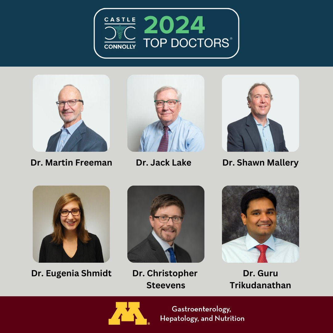 Congratulations to the @UMN_GIHep Faculty who were recognized as @CastleConnolly #TopDoctors! 👏

Dr. Freeman, Dr. @jacklakemd, Dr. Mallery, Dr. @EugeniaShmidtMD , Dr. Steevens & Dr. @gurutrikumd

#GITwitter #livertwitter