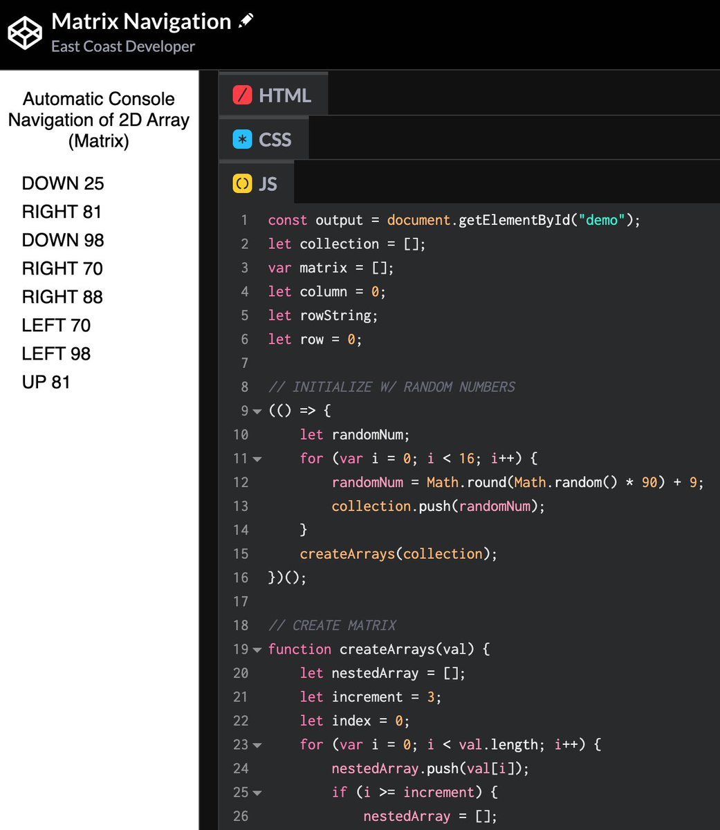 webdev_unltd's tweet image. Mock matrix/ 3D array navigation in #javascript.
codepen.io/eastcoastdevel…
#developers #FrontEndDeveloper #FrontEnd #reactjs #tech #recruitment #talent #work #jobs #business #startup #recruiter