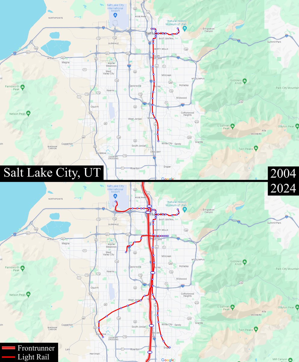 Salt Lake City’s rail transit: 20 years ago vs today.