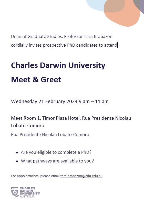 For all our friends in Dili - I have the joy of travelling to Timor-Leste next week. If you would like to discuss research and higher degrees - then it would be my privilege to see you. Relaxed gig. Come and have a chat. Wednesday. 9am. Timor Plaza Hotel. See you soon!