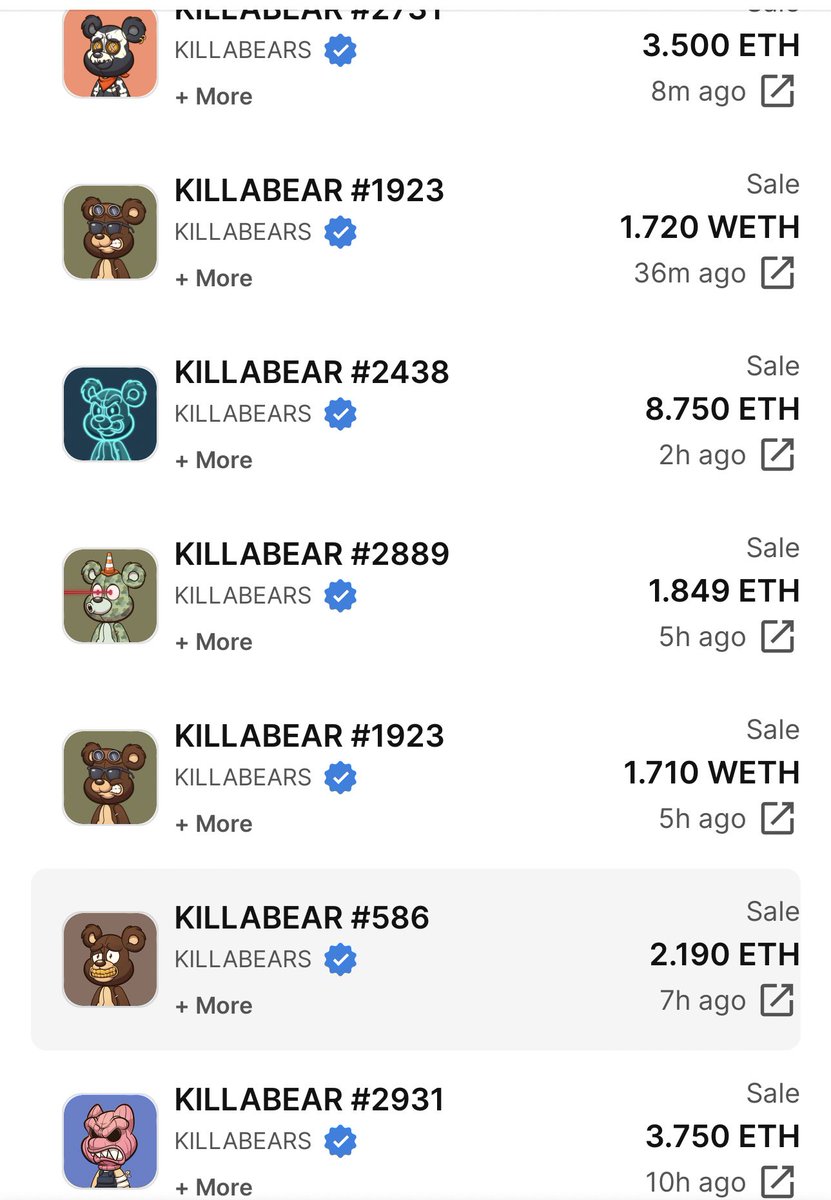 Huge sales going down !! 👀

Congrats to all buyers and sellers! 🍾

Things move fast in the KillaVerse 🚀

#WeLikeTheBears 

<a href="/killabearsnft/">KILLABEARS 🐻</a>