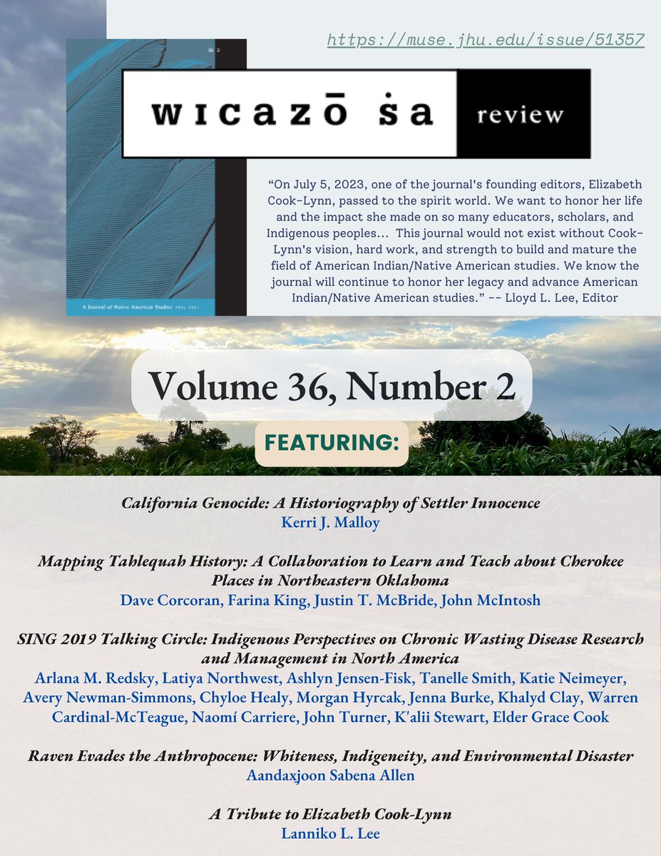WicazoSaReview's tweet image. Wicazo Sa Review 36.2 is now available to read on MUSE at
muse.jhu.edu/issue/51357