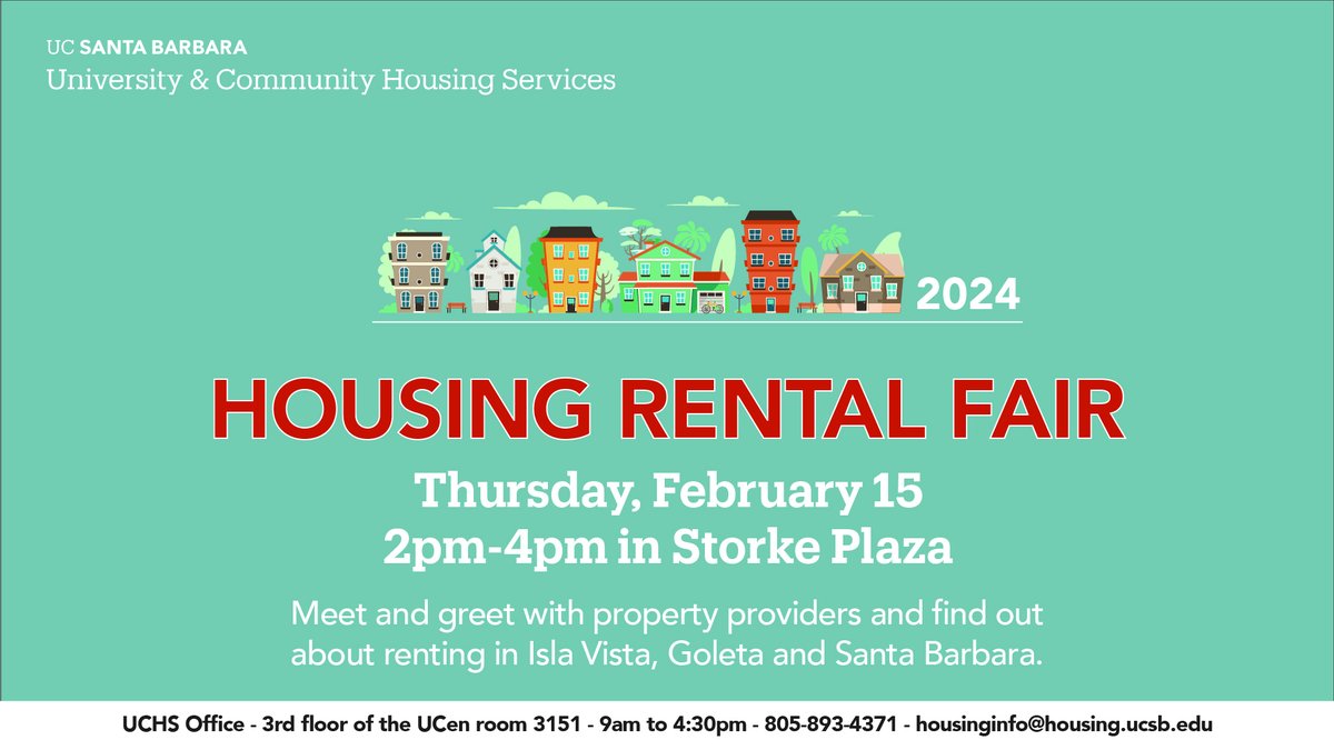 📣Join the University &amp; Community Housing Services team at the Housing Rental Fair in Storke Plaza on Thursday, February 15 from 2:00pm to 4:00pm.

Can't make it to this one? There will be two more rental fair opportunities:  March 15 and April 18!

#ucsantabarbara #gauchos #UCSB