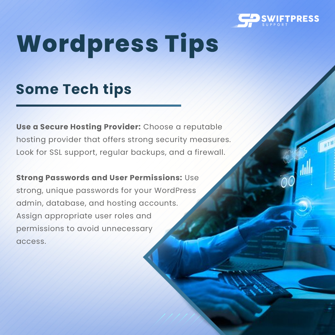 Boost your website's security by choosing a reliable hosting provider with SSL, backups, and a firewall. Strengthen defenses with strong, unique passwords and proper user permissions. #CyberSecurity #WebTips