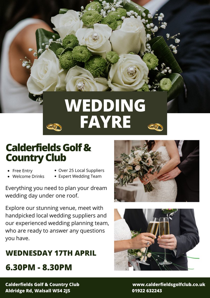 We are hosting our Spring Wedding Fayre on Wednesday 17th April 2024

To pre-register your attendance with our event organiser please visit our website calderfieldsgolfclub.co.uk > Events and once you have registered you will be entered Into a Free Prize Draw to Win A Luxury Hamper