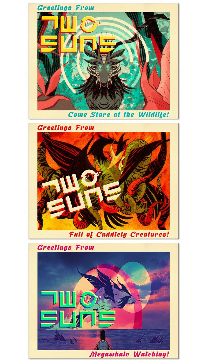 Wish you were here! Every backer at the $25 tier and higher the Kickstarter Carlos Giffoni & Juan Doe’s gorgeous graphic novel Two Suns can add on this 'Greetings From Two Suns' pearlescent print set for $25 (price does not include shipping)! kickstarter.com/projects/rocke… #Kickstarter