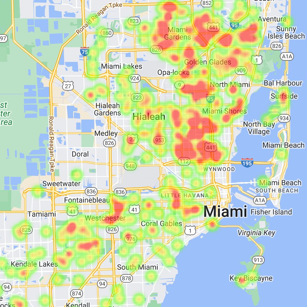 Tooling around this evening, trying to find out what valuable trends I can suss out from Miami-Dade's property data. For instance, I geocoded the address of every SFH that sold twice in the last year - basically 'fix & flips'. Then made them into the 'gentrification map' below.