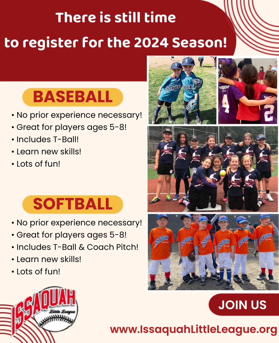 IssaquahLL's tweet photo. There’s still time to join the fun!

Issaquah Little League gives the kids of our community the opportunity to experience baseball and softball in a fun and safe team setting! 

Learn more at https://t.co/l5CdO6w7dx https://t.co/UCWXLkjdVU