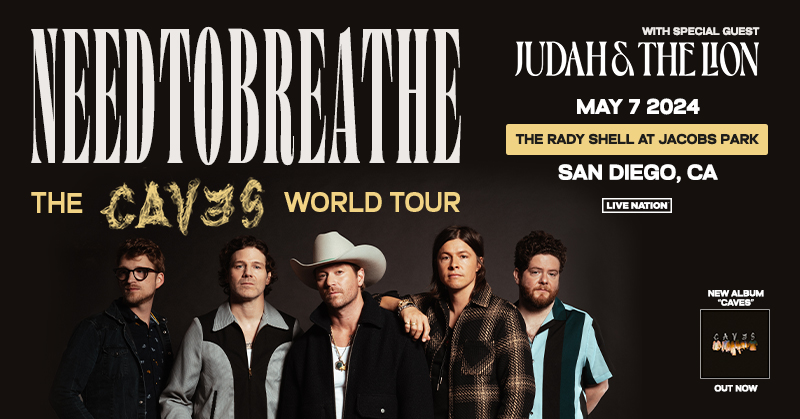 It’s just around the corner! Grab tickets now for @NEEDTOBREATHE at The Rady Shell at Jacobs Park on May 7, 2024 and don’t miss The Caves World Tour with @judahandthelion! Tickets available here: bit.ly/3UAWpvn