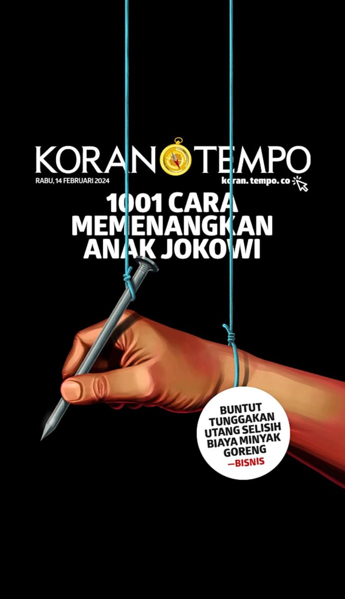 1001 Cara Memenangkan Anak Jokowi

Tim Prabowo-Gibran mengerahkan segala cara untuk memenangkan pasangan nomor urut dua. Ada intimidasi ke kepala desa hingga dugaan politik uang.

Simak edisi terbaru Koran Tempo, hanya di koran.tempo.co

#korantempodigital #KoranTempo