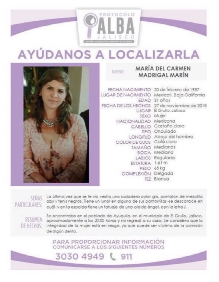 #TeBuscamos MARÍA DEL CARMEN MADRIGAL MARÍN, de 31 años, 27/11/18 #Jalisco