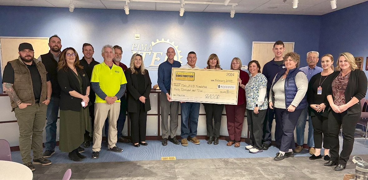 PimaJTED's tweet photo. Thank you Ramon Gaanderse and the Board of Southern Arizona Construction Career Days for presenting the JTED Foundation with a donation of $40k at our Governing Board meeting tonight. The gift will fund staff to continue increasing the number of students entering the trades. https://t.co/xLZKFogq08