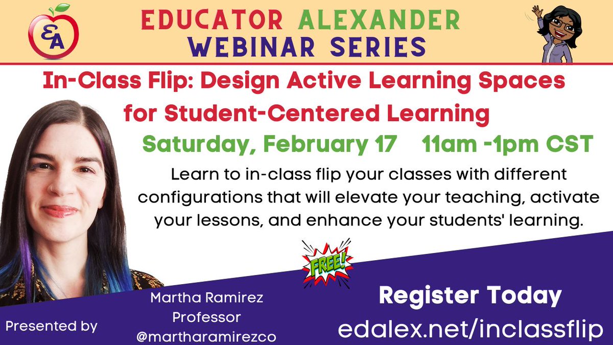 📢In-Class Flip: Design Active Learning Spaces for Student-Centered Learning Sat., Feb 17 11a-1p cst ☑️edalex.net/inclassflip #flip #MIEExpert #ISTE #TCEA #FETC #education #classroom #edtech #K12 #teachers #googleedu #edutwitter #librarytwitter #educoach @martharamirezco