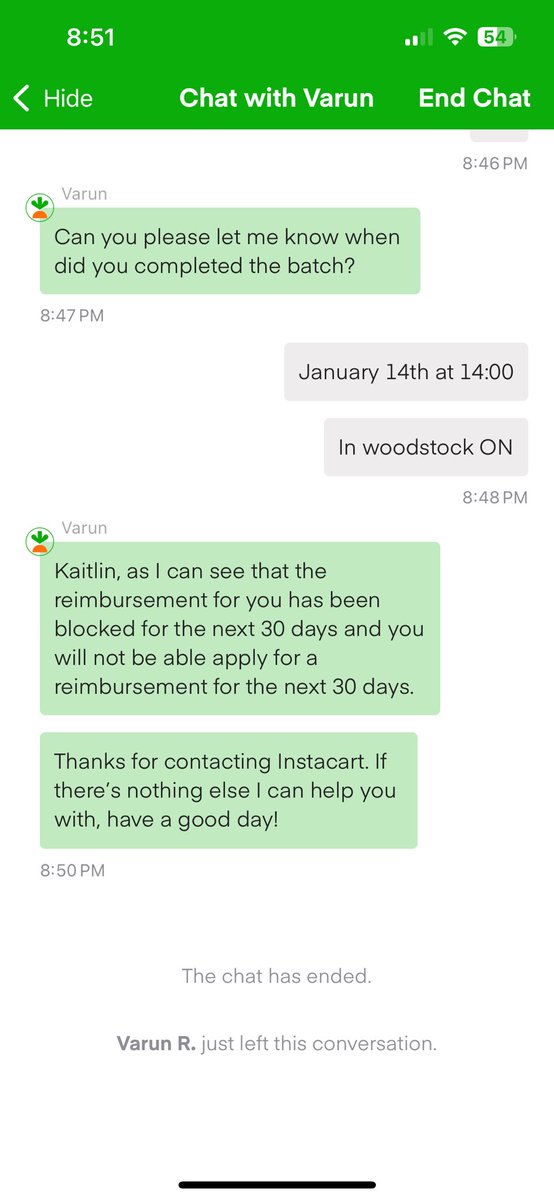 styIeshttp's tweet photo. @InstacartHelp I have been trying to get reimbursed for this batch for almost a month. They told me it could take up to 2 weeks. Fine. I speak to a supervisor today and they don’t give me any explanation and exit the chat??? I am so upset and frustrated. Instacart HELP ME https://t.co/oampBnpwpk