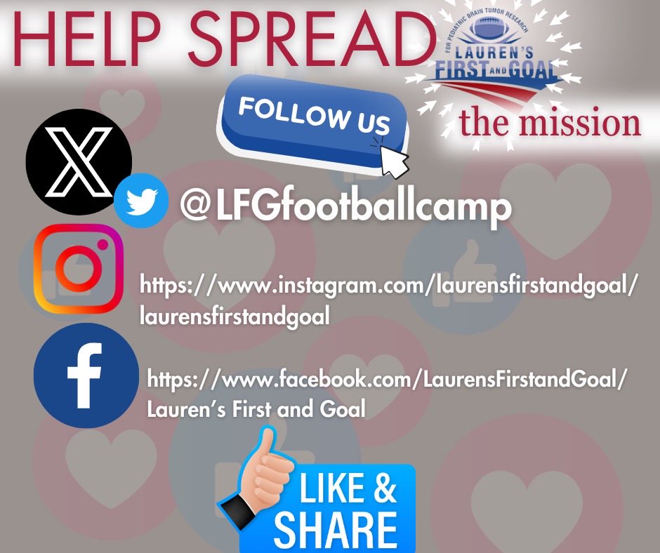 Please FOLLOW our family foundation ⁦@LFGfootballcamp⁩ Whether you’re a 🏈 player, coach, or just a fan you can help Lauren’s First & Goal Foundation raise money for pediatric brain tumor research & #Beatcancer services! ✅ out lfgf.org & 👀 how! #LFG