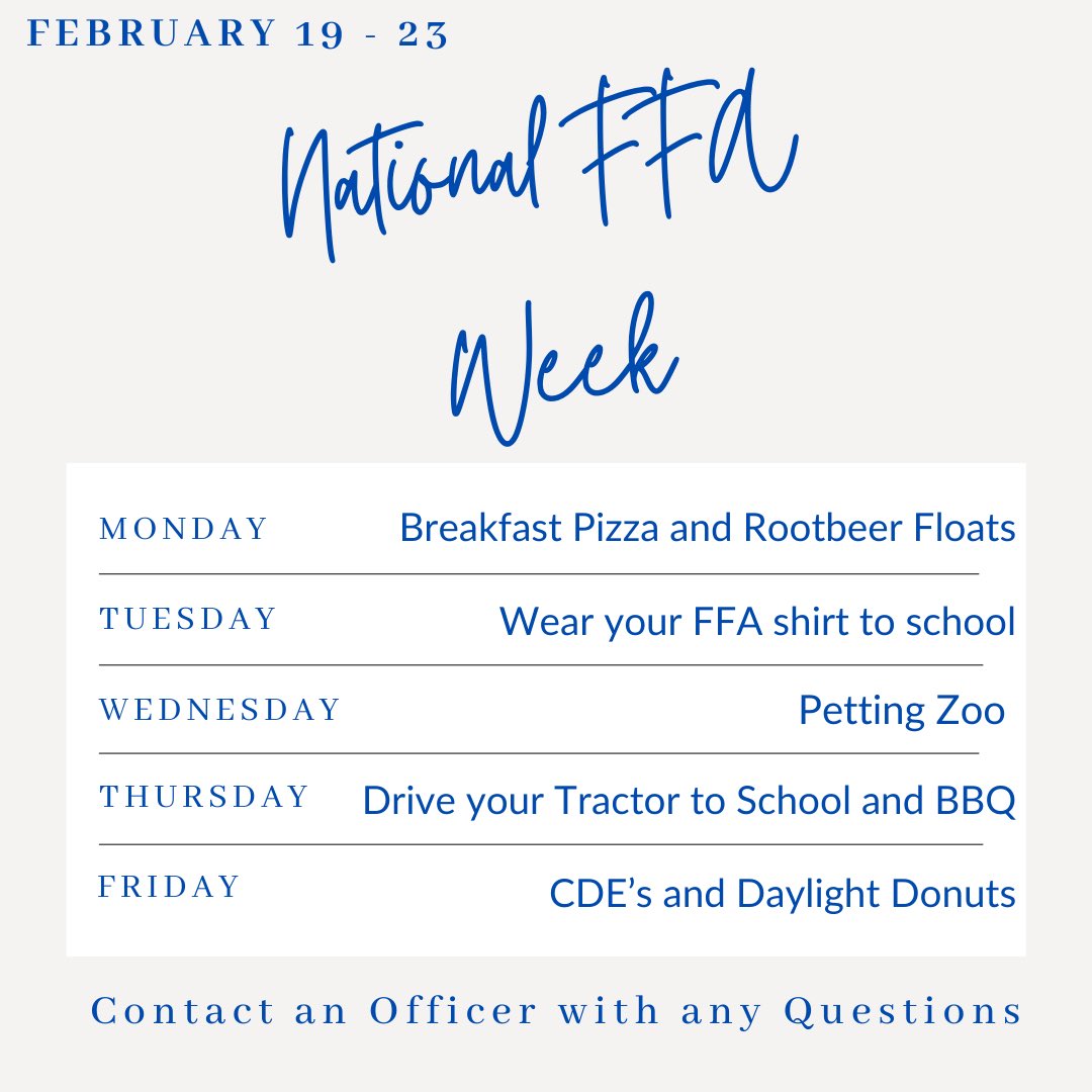 National FFA Week Schedule!! More details to come! (February 19-23, 2024)