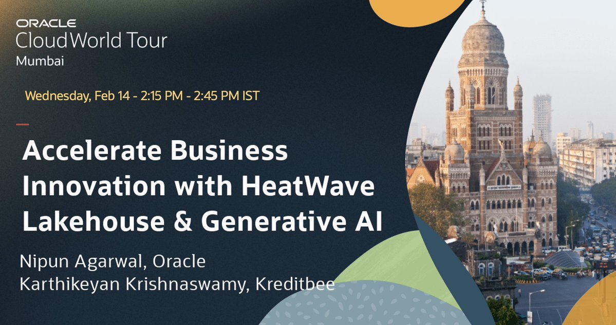MySQL's tweet image. CloudWorld Tour Mumbai is happening today! 
Join us in this learning session and discover how to Accelerate Business Innovation with HeatWave Lakehouse &amp;amp; Generative AI [LRN1004]. social.ora.cl/6017VvJxz
#OracleCloudWorld #MySQL #MySQLHeatWave #GenerativeAI #Lakehouse