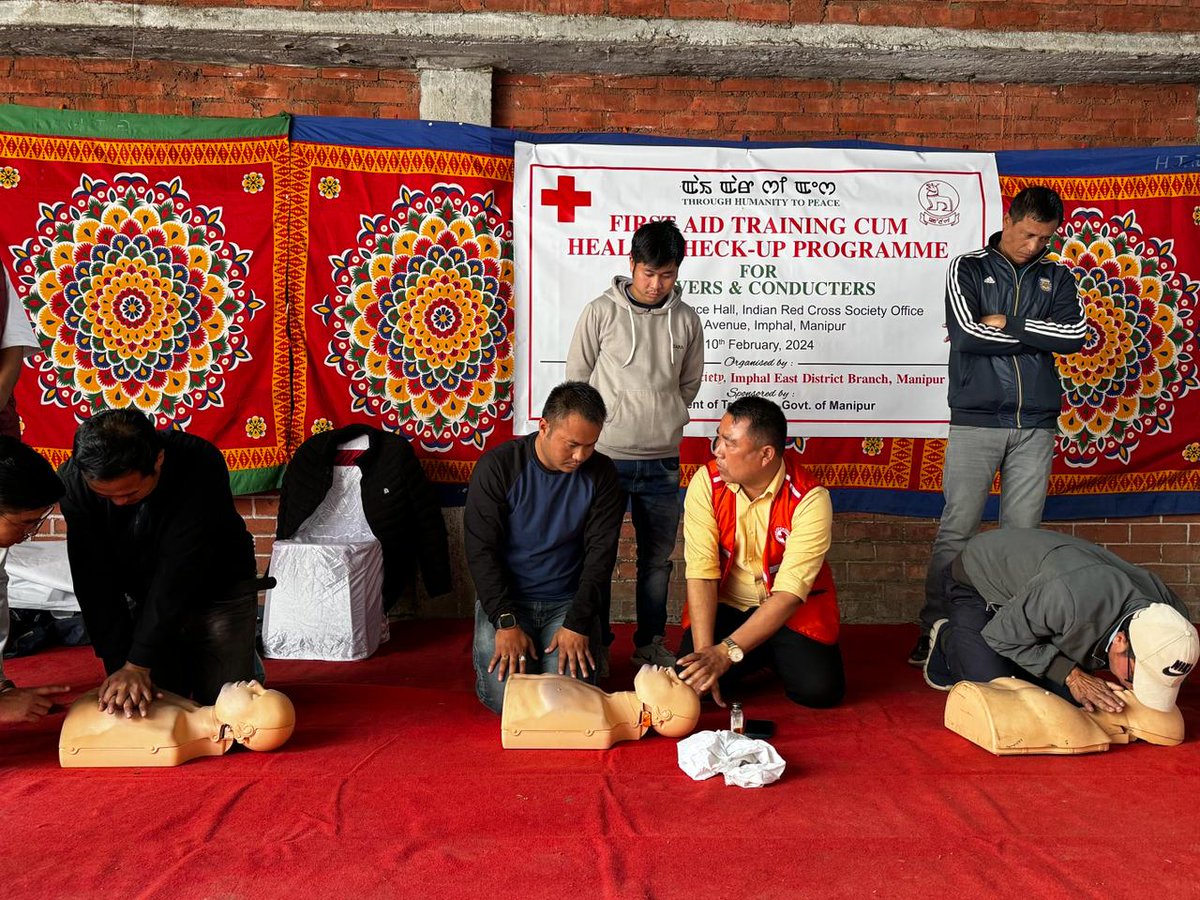 A one-day program for drivers and conductors to get first aid training and a health checkup was organized by the Imphal East District Branch of the IRCS in collaboration with the Department of Transport, Government of Manipur.