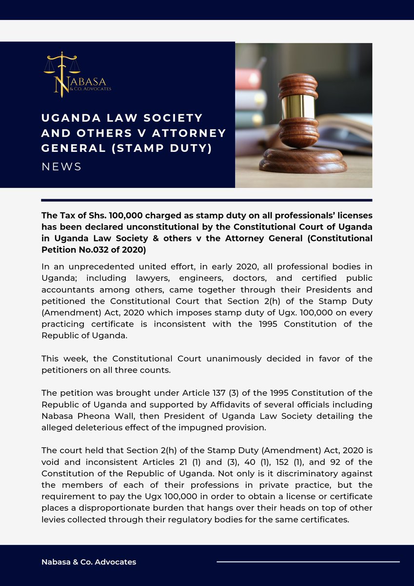 nabasalaw's tweet photo. Constitutional Court of Uganda Declares Unconstitutional the Shs. 100,000 Stamp Duty on Professional Licenses in a Landmark Decision.

https://t.co/N3OxrpGLZ2

@PheonaWall @ug_lawsociety @AlsaLawuganda @ULRCUg @newvisionwire @nbstv @DailyMonitor @ntvuganda https://t.co/rqDzsuxAZb