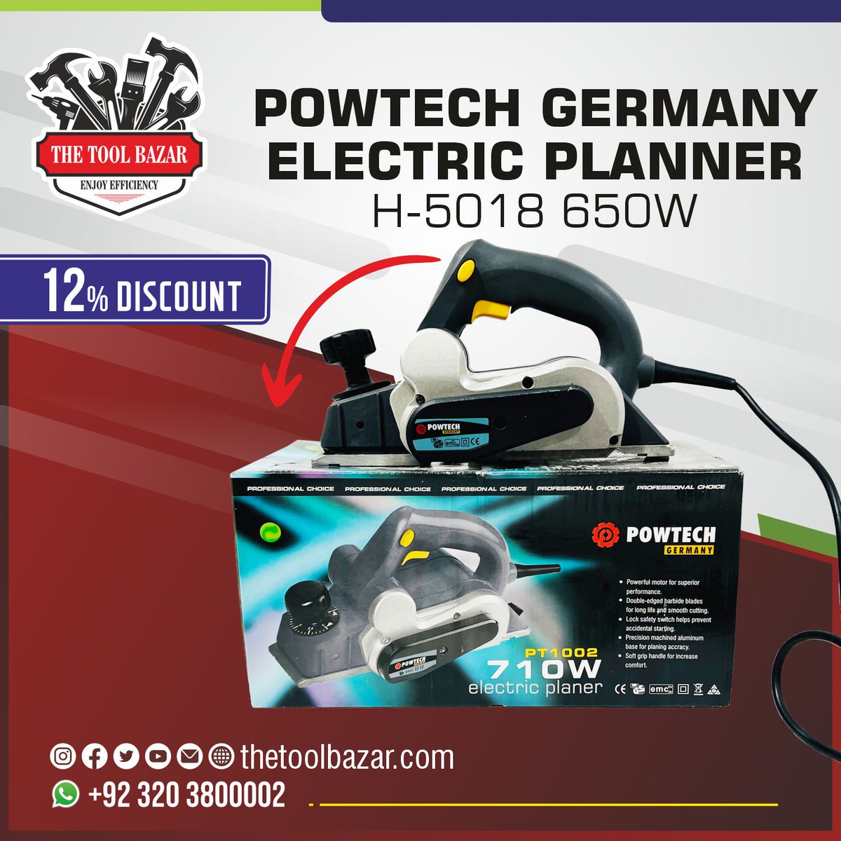 thetoolbazar's tweet photo. POWTECH Germany Electric Router in Rs7040/-
PT 1002 710W
Purchase above 15,500 &amp; get exciting gifts
12% Mega Discount
WhatsApp: (+92) 320-380-0002
Visit online store: https://t.co/xu3qawN4X7
#DEWALT #dewalttools #dewaltpowertools #hilty #Hilti #powertools #labour #discount https://t.co/Uzua8k43PT