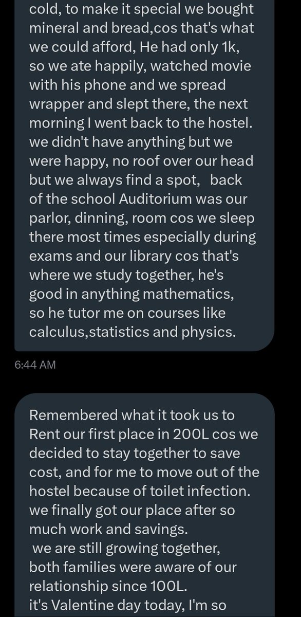 jon_d_doe's tweet photo. A story of a young couple that started from 100 level.

As I was reading, I didn't know when I shed a tear.

A true relationship devoid of transactional benefits.

Like she said, God will announce them at the right time.

Thanks to @MartmagMS for his kindness too.

Happy Val ❤️ https://t.co/lGT9SOAh6N