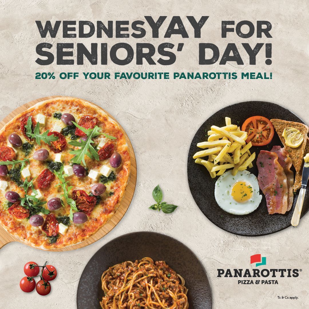 Yay for seniors’ day at @Panarottissa in #BaywestMall! 🥳 
Senior citizens receive 20% off their meal all day on Wednesdays only. Ts &amp; Cs apply.