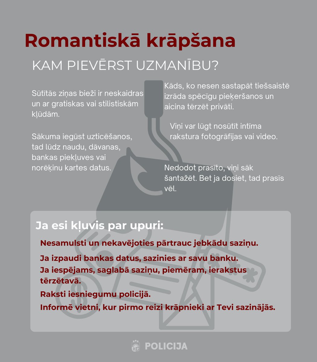 Valsts_policija's tweet photo. Visu mīlētāju diena ne visiem izvēršas tik mīlestības pilna kā gaidīts, kļūstot par romantiskās krāpšanas upuri. 💔Pērn Latvijā reģistrēti 10 romantiskās krāpšanas gadījumi, uz kuriem visvairāk uzķērušās personas vecumā 70 - 80 gadiem. https://t.co/kXqDIzHFMv